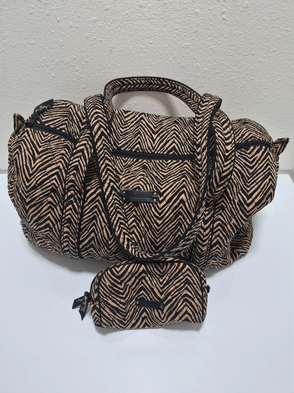 Vera Bradley Black and Tan Zigzag Quilted Baby Bag with Matching Pouch